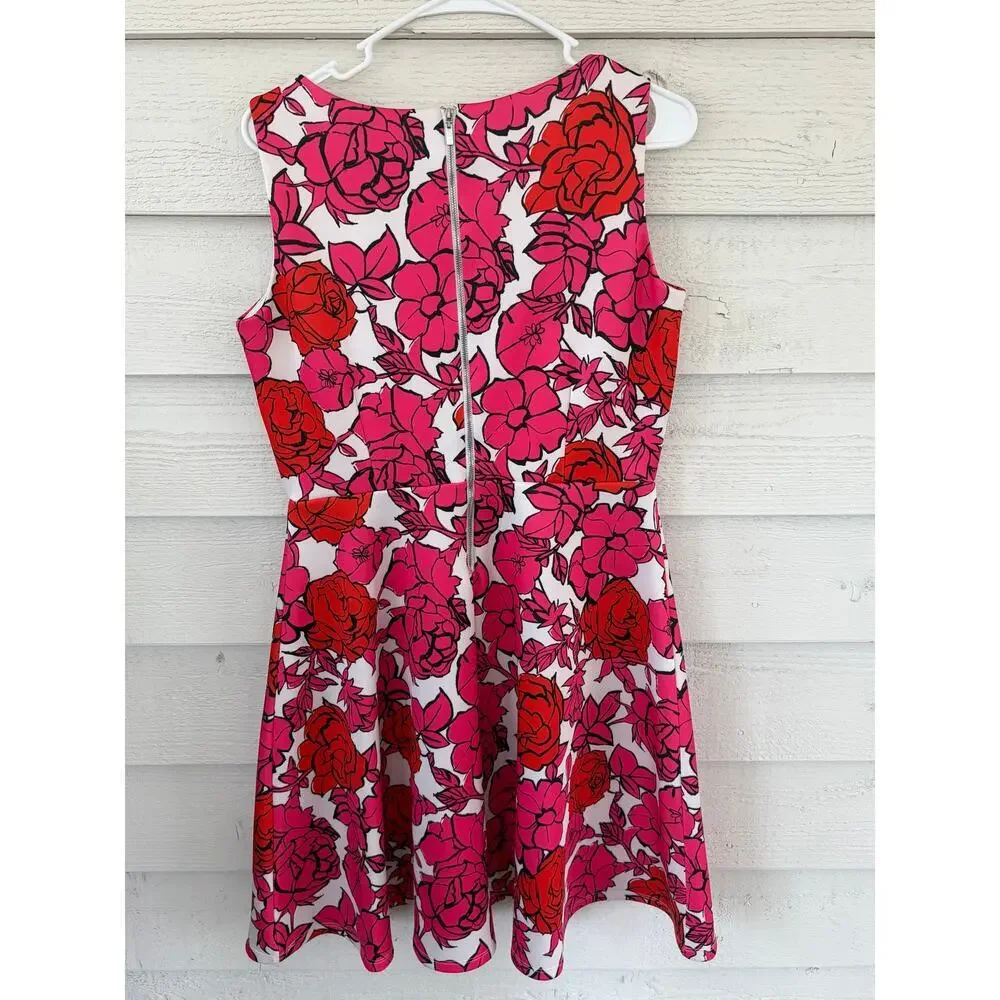 New York & Company Pink Red Floral Fit & Flare Dress Size M
